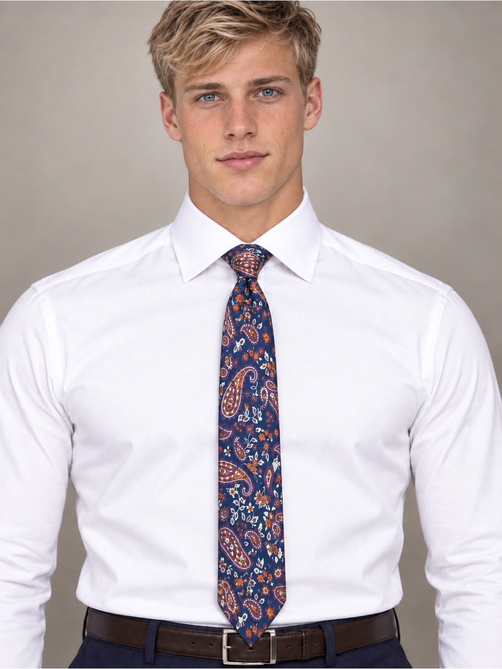 Kiton Navy Paisley Silk Tie with Rust and Cream Accents